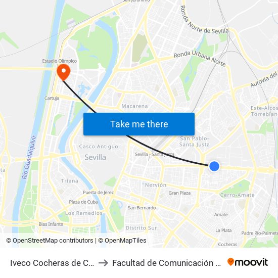 Iveco Cocheras de Casal Av Andalucia to Facultad de Comunicación (Universidad de Sevilla) map