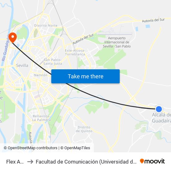 Flex A-92 to Facultad de Comunicación (Universidad de Sevilla) map