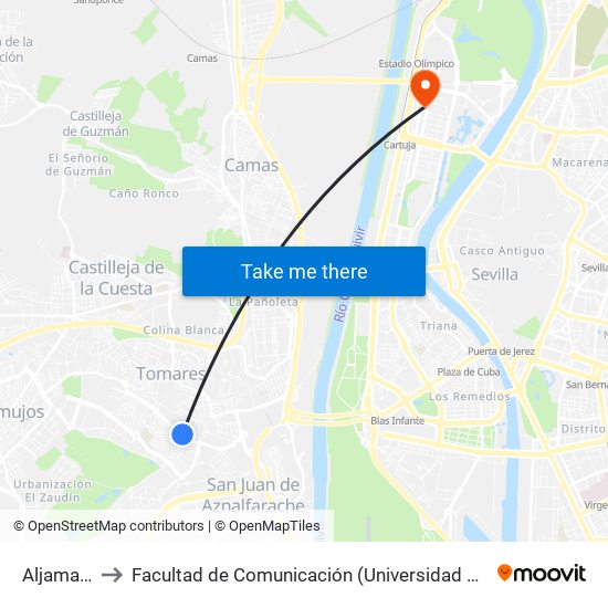 Aljamar(I) to Facultad de Comunicación (Universidad de Sevilla) map