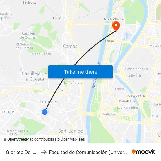 Glorieta Del Agua(V) to Facultad de Comunicación (Universidad de Sevilla) map