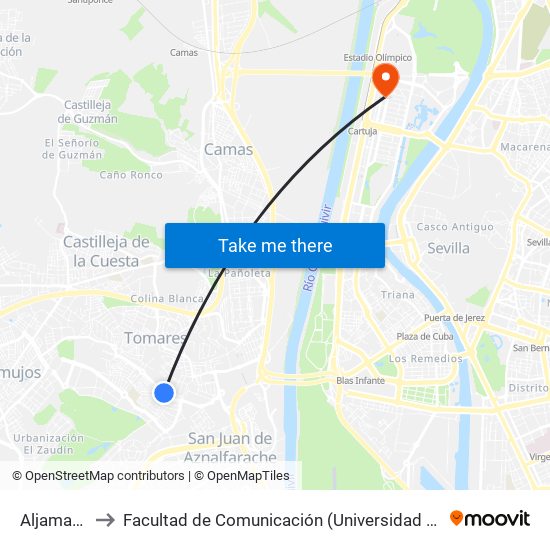 Aljamar(V) to Facultad de Comunicación (Universidad de Sevilla) map