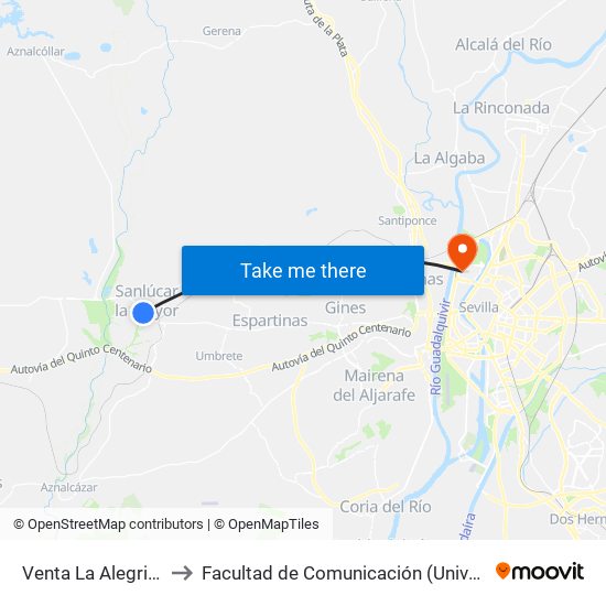 Venta La Alegria (Frente) to Facultad de Comunicación (Universidad de Sevilla) map