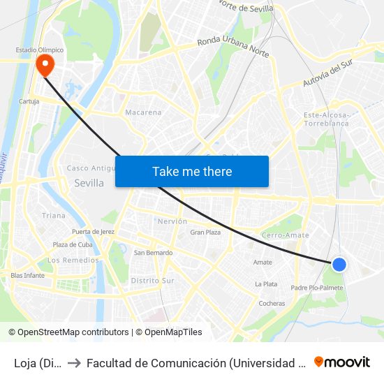 Loja (Dilar) to Facultad de Comunicación (Universidad de Sevilla) map