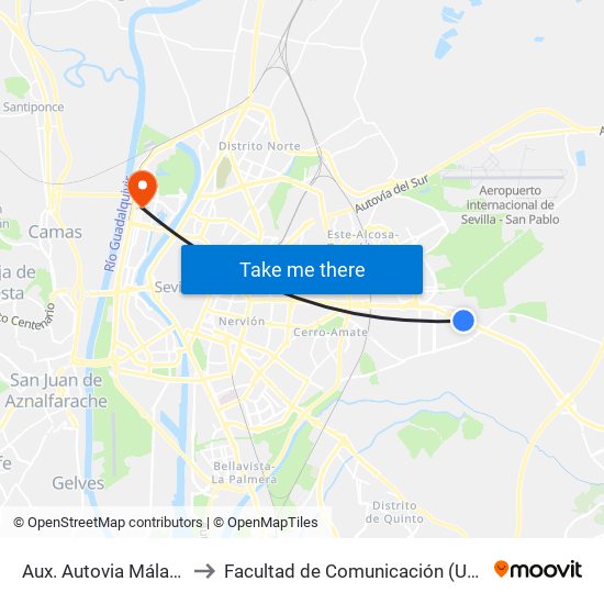 Aux. Autovia Málaga (Torrecilla) to Facultad de Comunicación (Universidad de Sevilla) map