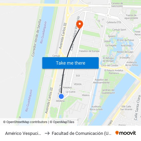 Américo Vespucio (Helipuerto) to Facultad de Comunicación (Universidad de Sevilla) map