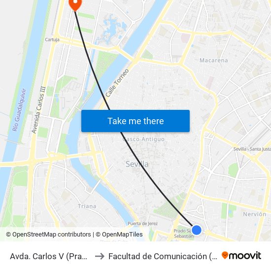 Avda. Carlos V (Prado San Sebastián) to Facultad de Comunicación (Universidad de Sevilla) map