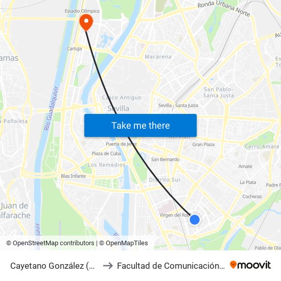 Cayetano González (Sebastián Bandarán) to Facultad de Comunicación (Universidad de Sevilla) map