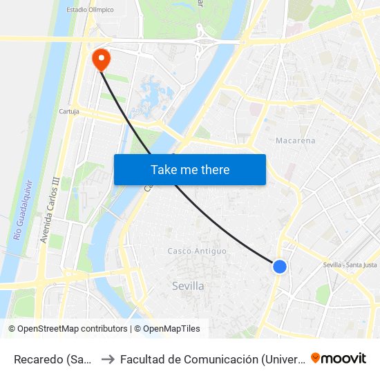 Recaredo (San Roque) to Facultad de Comunicación (Universidad de Sevilla) map