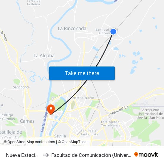 Nueva Estación Renfe to Facultad de Comunicación (Universidad de Sevilla) map