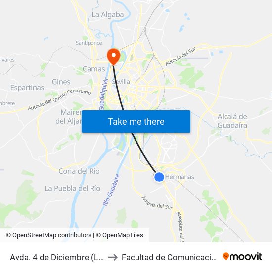 Avda. 4 de Diciembre (La Motilla - Sevilla Factory) to Facultad de Comunicación (Universidad de Sevilla) map