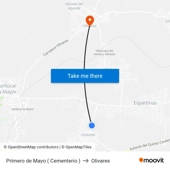 Primero de Mayo ( Cementerio ) to Olivares map
