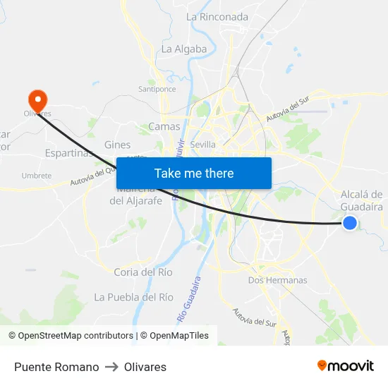 Puente Romano to Olivares map