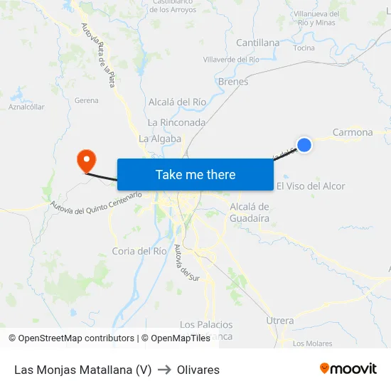 Las Monjas Matallana (V) to Olivares map