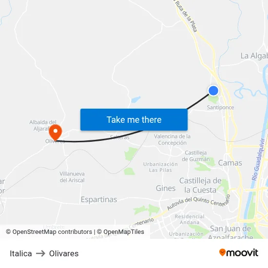 Italica to Olivares map