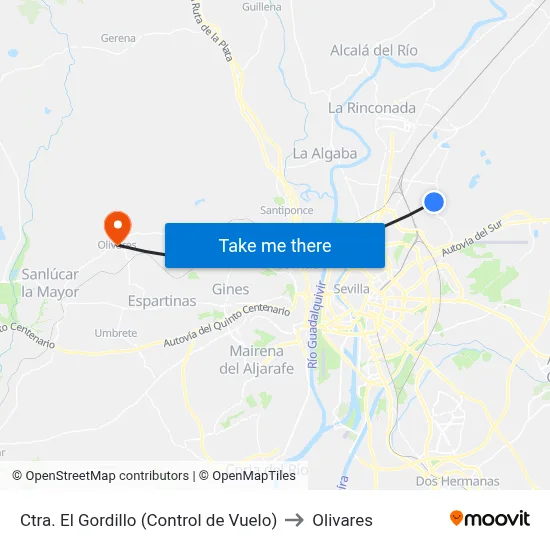 Ctra. El Gordillo (Control de Vuelo) to Olivares map