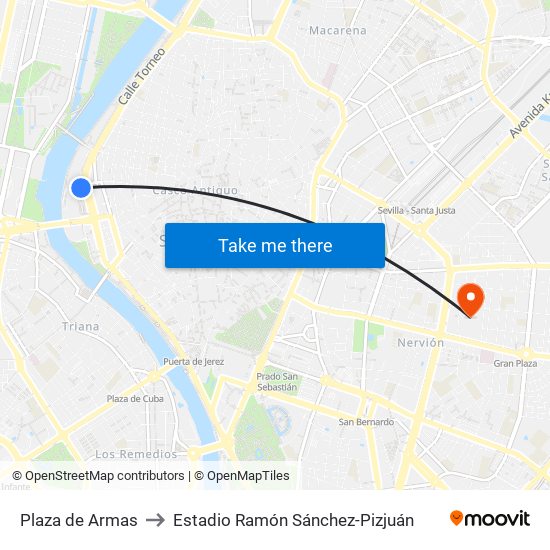 Plaza de Armas to Estadio Ramón Sánchez-Pizjuán map