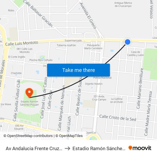 Av Andalucia Frente Cruzcampo to Estadio Ramón Sánchez-Pizjuán map