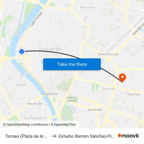 Torneo (Plaza de Armas) to Estadio Ramón Sánchez-Pizjuán map