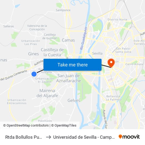 Rtda Bollullos Puertas Leyva to Universidad de Sevilla - Campus Ramón y Cajal map