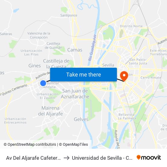 Av Del Aljarafe Cafeteria Imperial (Frente) to Universidad de Sevilla - Campus Ramón y Cajal map