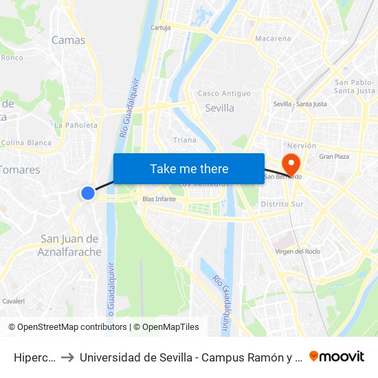 Hipercor to Universidad de Sevilla - Campus Ramón y Cajal map
