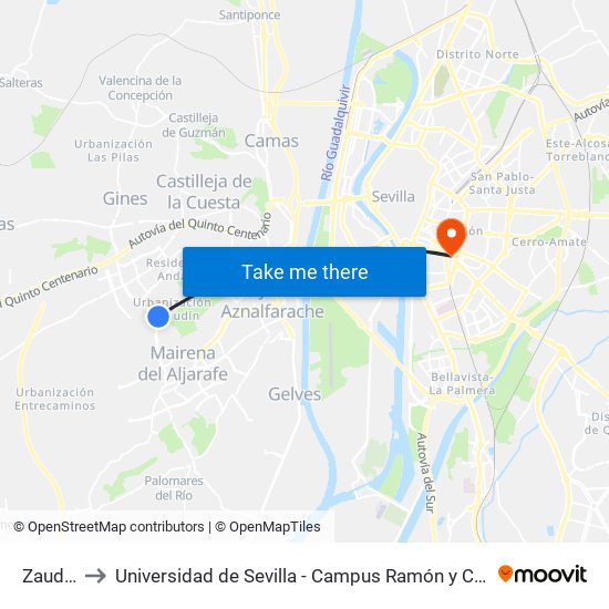 Zaudin to Universidad de Sevilla - Campus Ramón y Cajal map