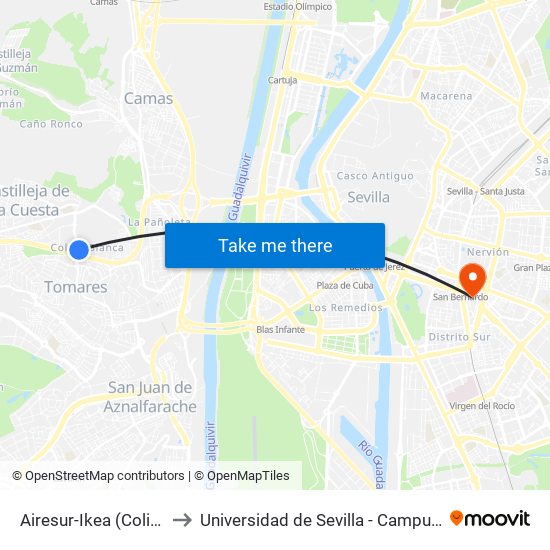 Airesur-Ikea (Colina Blanca) to Universidad de Sevilla - Campus Ramón y Cajal map