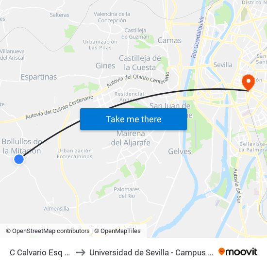 C Calvario Esq Raquejo to Universidad de Sevilla - Campus Ramón y Cajal map