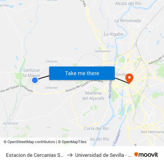 Estacion de Cercanias Sanlucar La Mayor Frente to Universidad de Sevilla - Campus Ramón y Cajal map