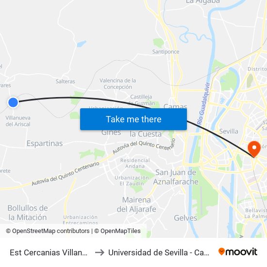 Est Cercanias Villanueva Del Ariscal to Universidad de Sevilla - Campus Ramón y Cajal map