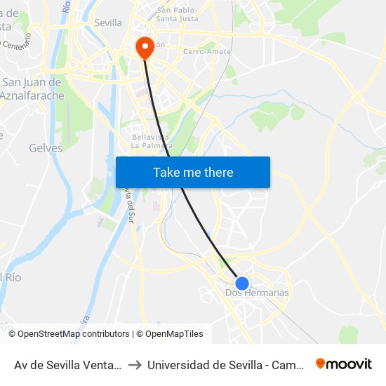 Av de Sevilla Venta Las Palmas to Universidad de Sevilla - Campus Ramón y Cajal map