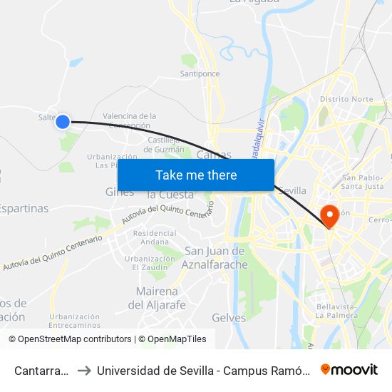 Cantarranas to Universidad de Sevilla - Campus Ramón y Cajal map