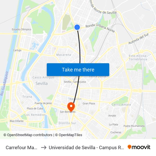 Carrefour Macarena to Universidad de Sevilla - Campus Ramón y Cajal map