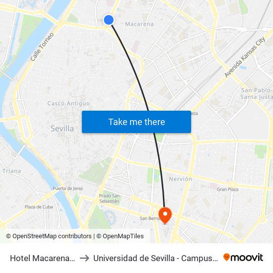 Hotel Macarena Entrada to Universidad de Sevilla - Campus Ramón y Cajal map