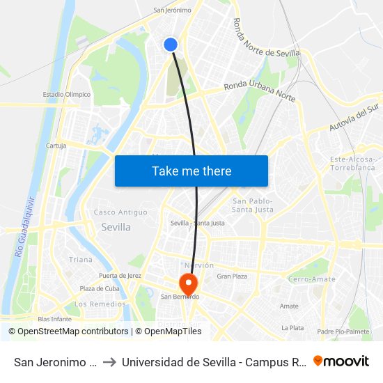 San Jeronimo Iglesia to Universidad de Sevilla - Campus Ramón y Cajal map