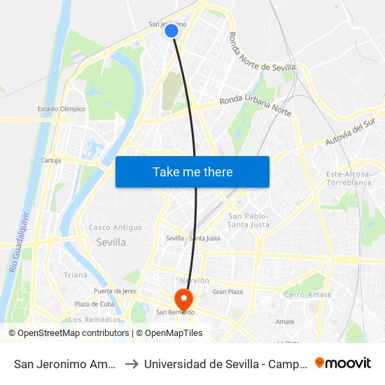 San Jeronimo Ambulatorio (I) to Universidad de Sevilla - Campus Ramón y Cajal map