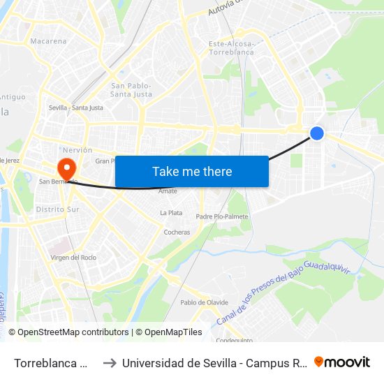 Torreblanca Michelin to Universidad de Sevilla - Campus Ramón y Cajal map