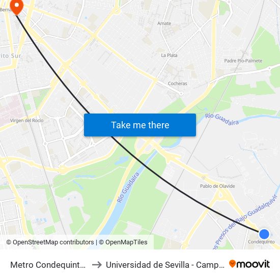 Metro Condequinto (Pasarela) to Universidad de Sevilla - Campus Ramón y Cajal map