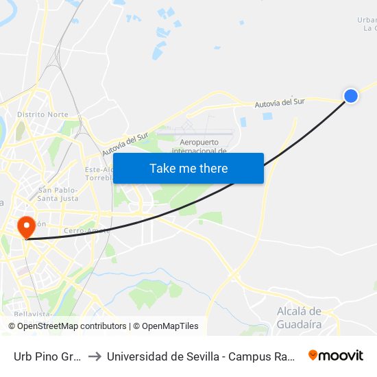 Urb Pino Grande to Universidad de Sevilla - Campus Ramón y Cajal map