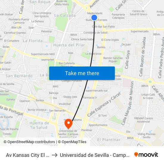 Av Kansas City El Mirador(I) to Universidad de Sevilla - Campus Ramón y Cajal map