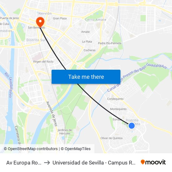 Av Europa Rotonda to Universidad de Sevilla - Campus Ramón y Cajal map