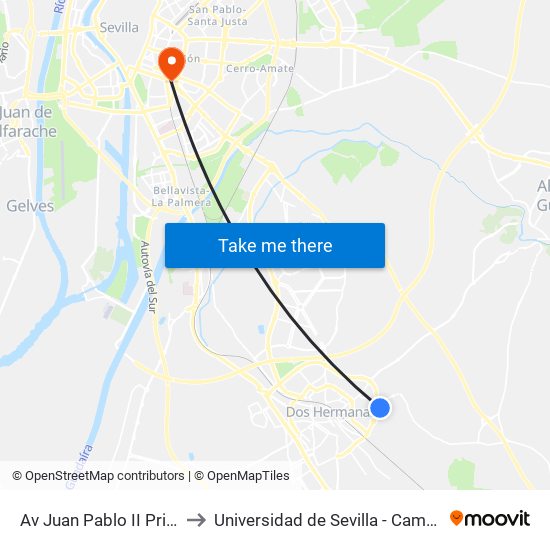 Av Juan Pablo II Primera Parada to Universidad de Sevilla - Campus Ramón y Cajal map