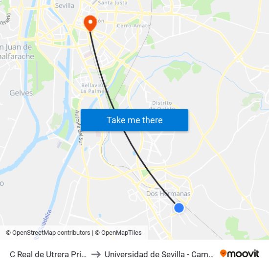 C Real de Utrera Primera Parada to Universidad de Sevilla - Campus Ramón y Cajal map