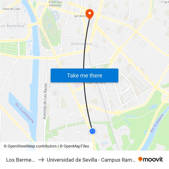 Los Bermejales to Universidad de Sevilla - Campus Ramón y Cajal map