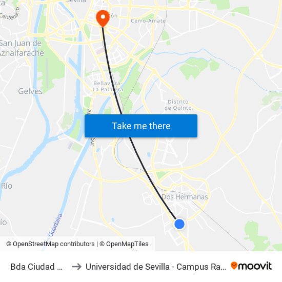Bda Ciudad Blanca to Universidad de Sevilla - Campus Ramón y Cajal map