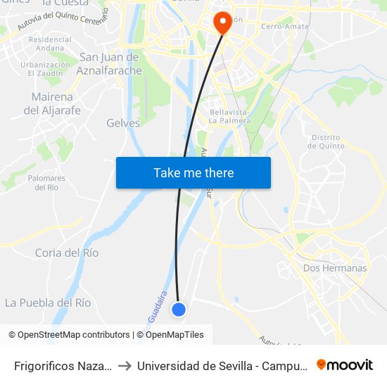 Frigorificos Nazarenos (V) to Universidad de Sevilla - Campus Ramón y Cajal map