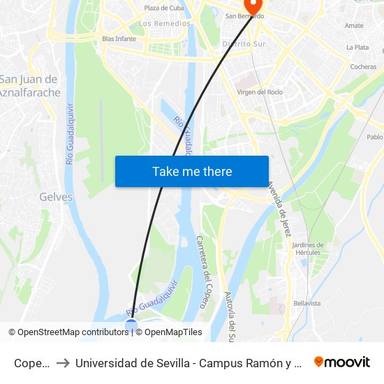 Copero to Universidad de Sevilla - Campus Ramón y Cajal map