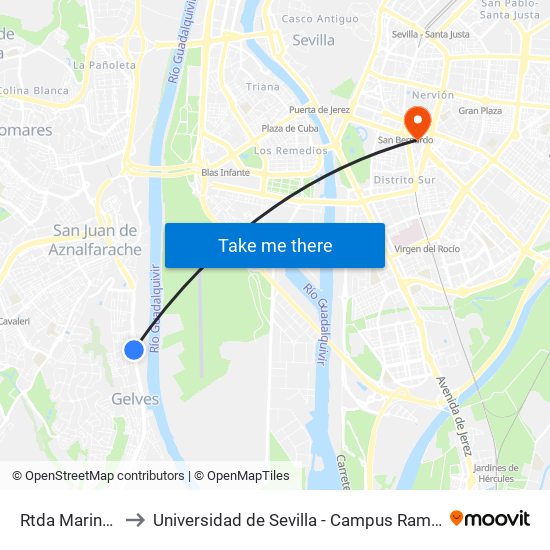 Rtda Marina (V) to Universidad de Sevilla - Campus Ramón y Cajal map
