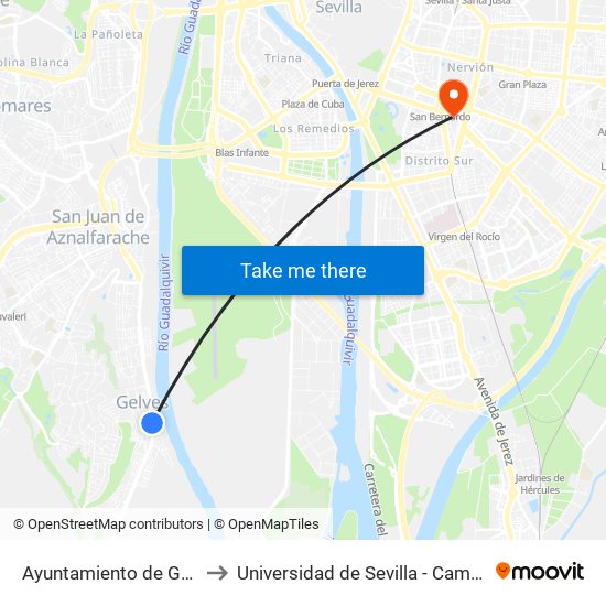 Ayuntamiento de Gelves (Frente) to Universidad de Sevilla - Campus Ramón y Cajal map