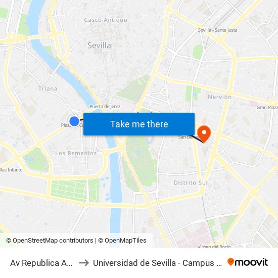 Av Republica Argentina to Universidad de Sevilla - Campus Ramón y Cajal map